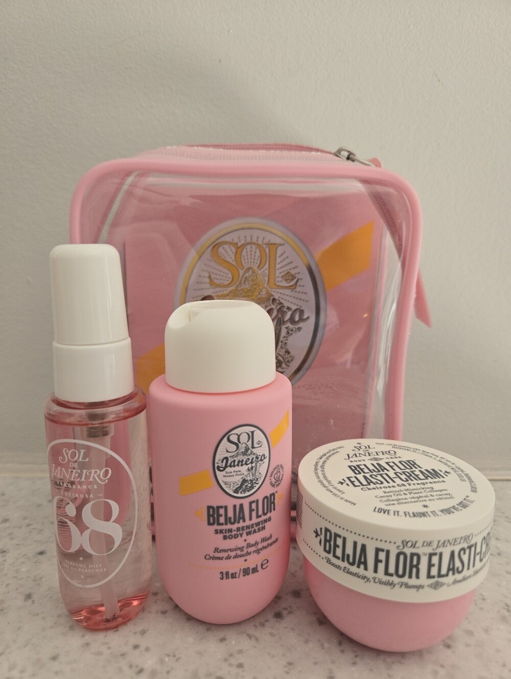 Sol de Janeiro Beija Flor Pink Travel Body Trio with Clear Pink Pouch